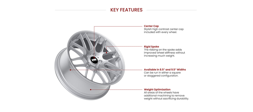 VMR Wheels Luxury series V703 key features. Available in Hyper Silver, Gunmetal, Matte Black.