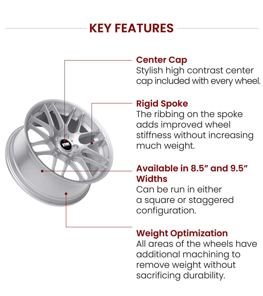 VMR Wheels Luxury series V703 key features. Available in Hyper Silver, Gunmetal, Matte Black.