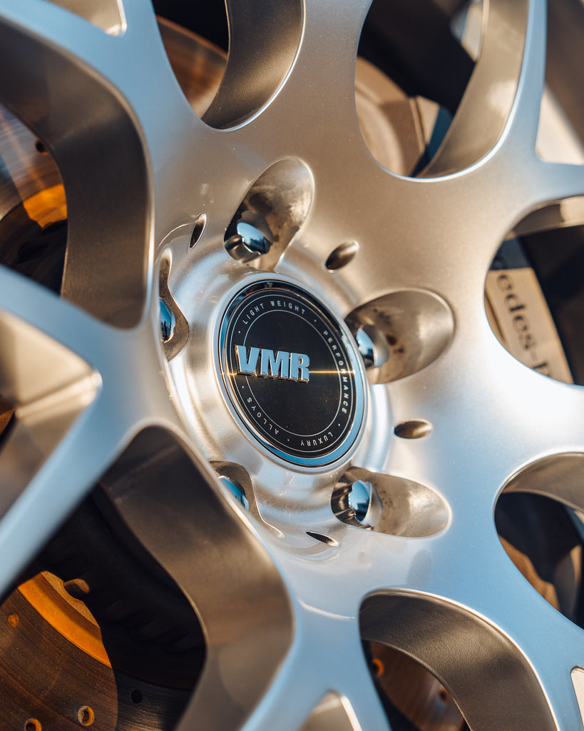 VMR Flow Formed Wheels V710FF Hyper Silver 20 inch rim with Premium Gloss Black Centercap on Mercedes E400  